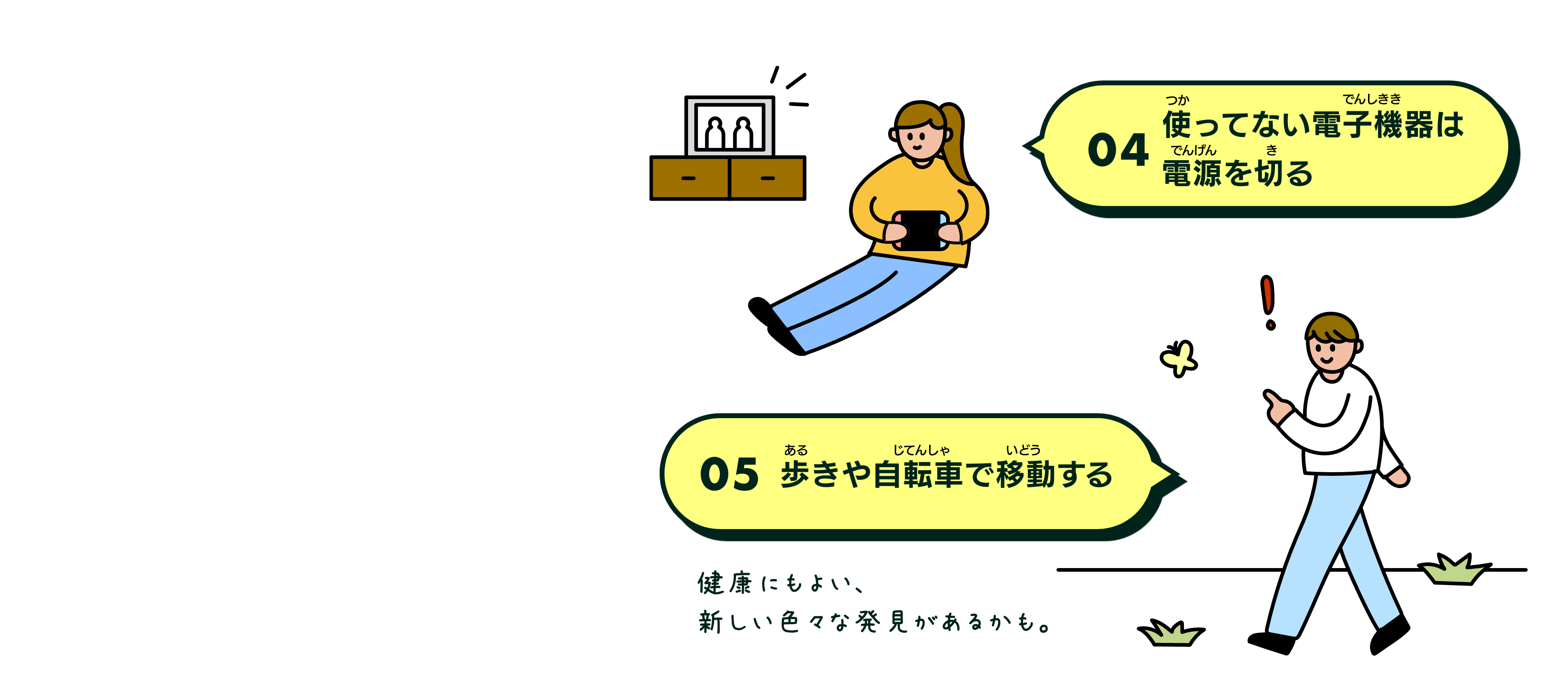 今日からできることの例（使ってない電子機器は電源を切る・歩きや自転車で移動する）